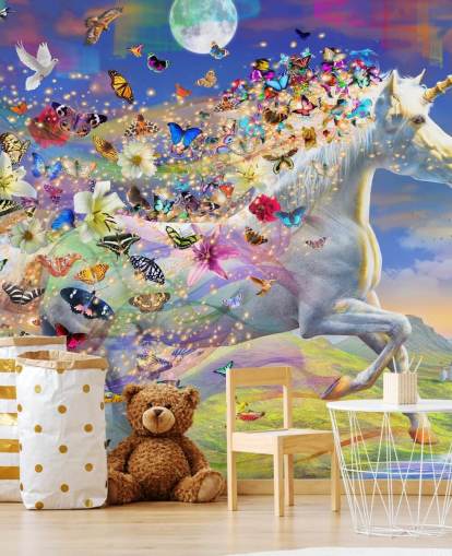 running unicorn with butterfly and bird mane wallpaper
