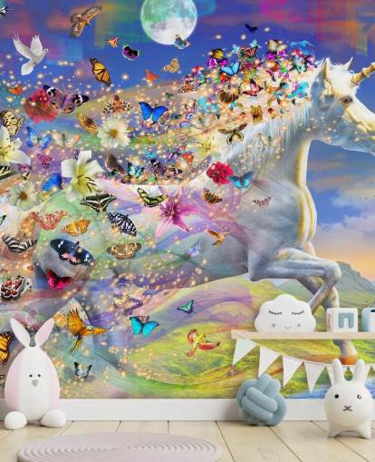running unicorn with butterfly and bird mane wallpaper
