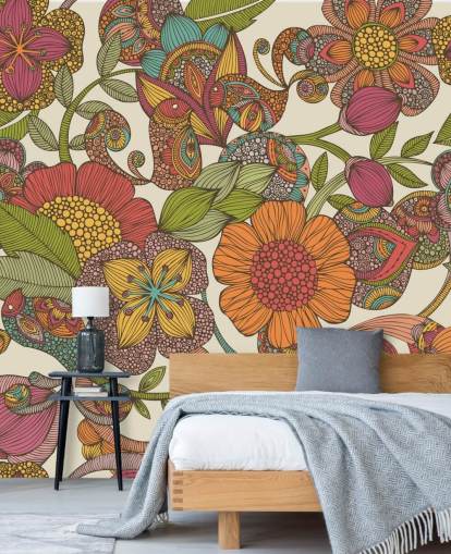 papel de parede de flores coloridas rabiscadas