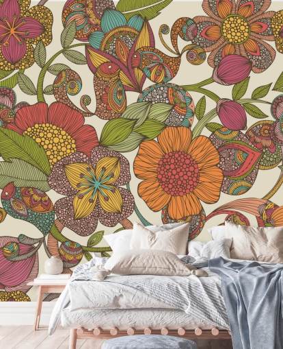 doodled colourful flowers wallpaper