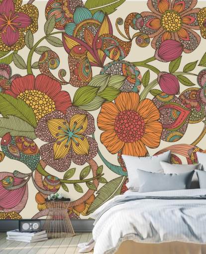 doodled farverige blomster tapet