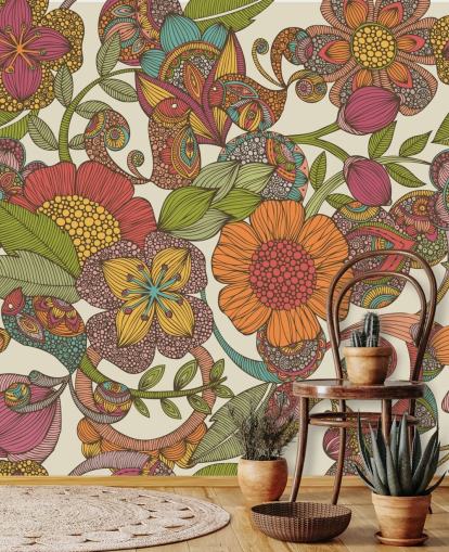 papel pintado de flores de colores garabatos