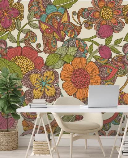 gekrabbelde kleurrijke bloemen behang