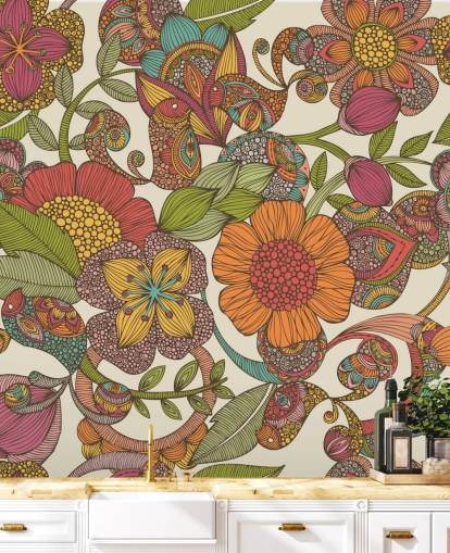 doodled fargerike blomster tapet