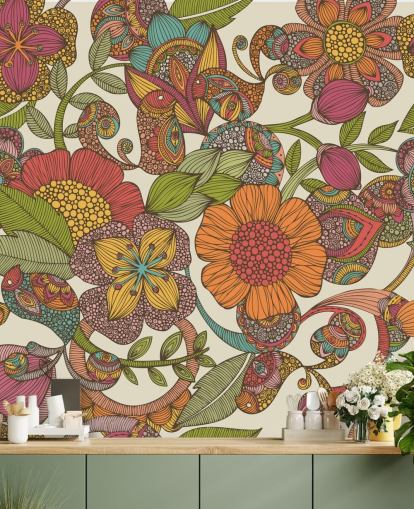 gekrabbelde kleurrijke bloemen behang