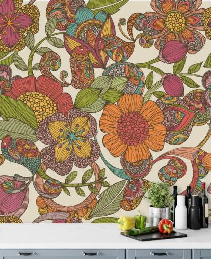 doodled colourful flowers wallpaper