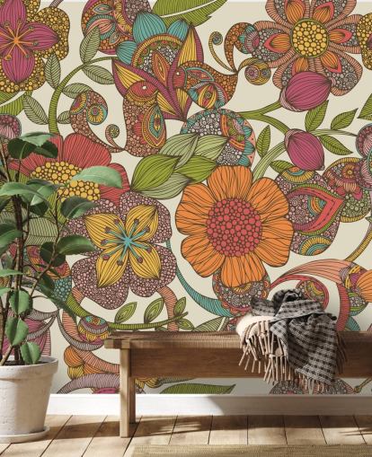 doodled colourful flowers wallpaper