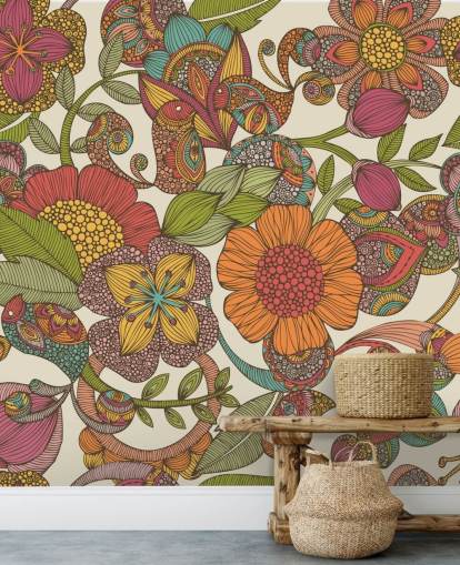 doodled farverige blomster tapet