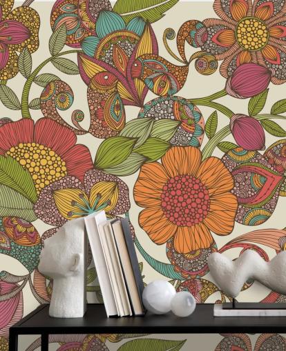 doodled colourful flowers wallpaper