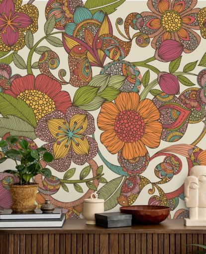 papel pintado de flores de colores garabatos