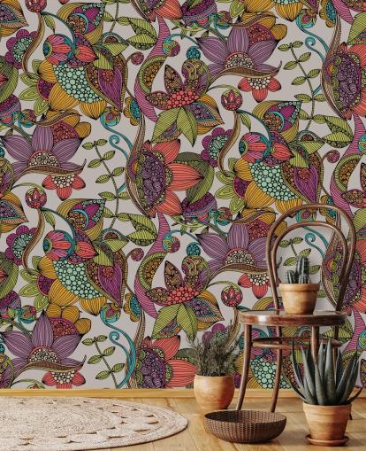 doodle bloemen kleurrijk behang