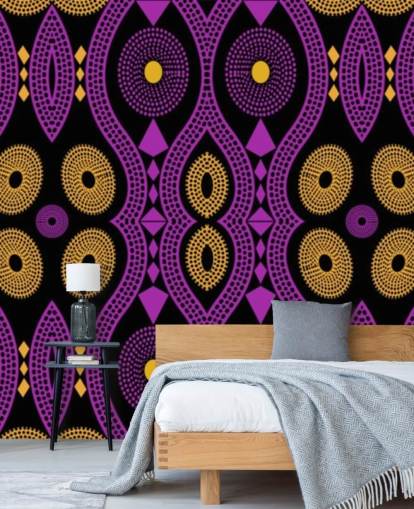 motif cercle foncé en papier peint violet, jaune et noir