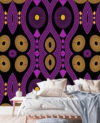 patrón de círculo oscuro en papel pintado morado, amarillo y negro