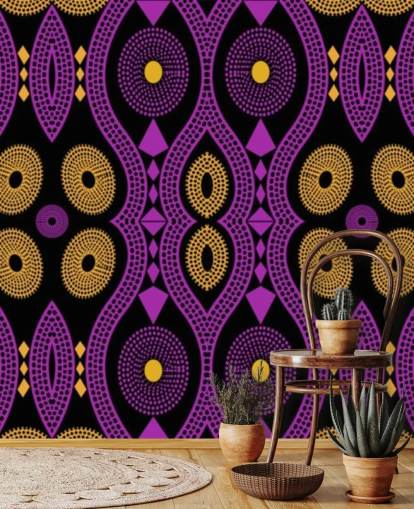 motif cercle foncé en papier peint violet, jaune et noir