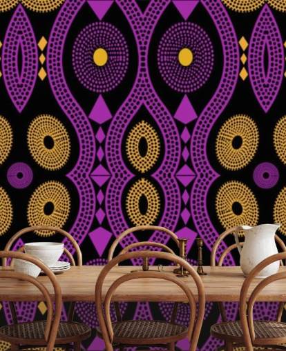 motif cercle foncé en papier peint violet, jaune et noir