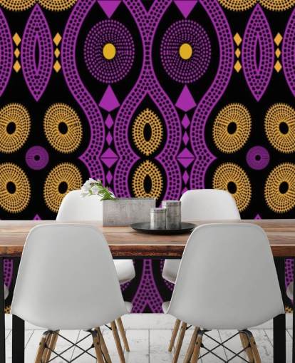patrón de círculo oscuro en papel pintado morado, amarillo y negro