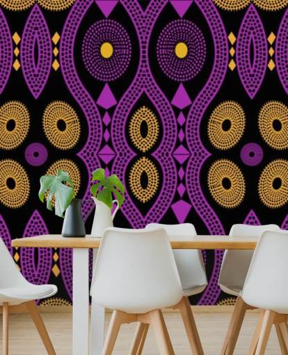 patrón de círculo oscuro en papel pintado morado, amarillo y negro