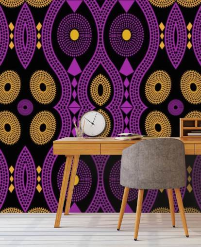 patrón de círculo oscuro en papel pintado morado, amarillo y negro