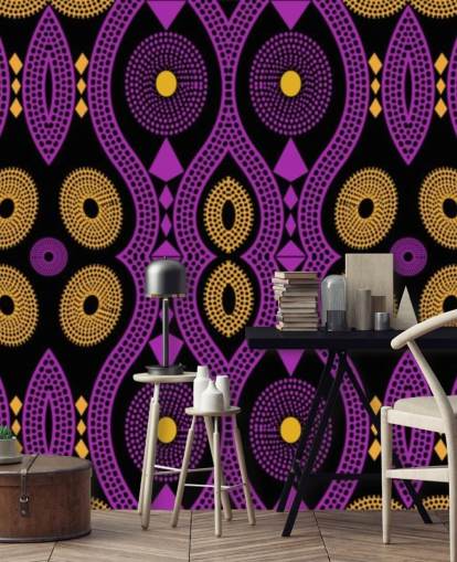 motif cercle foncé en papier peint violet, jaune et noir