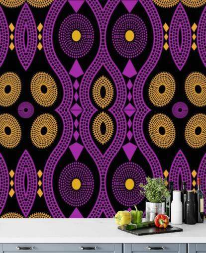 patrón de círculo oscuro en papel pintado morado, amarillo y negro