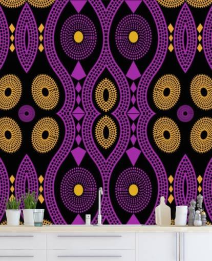 motif cercle foncé en papier peint violet, jaune et noir