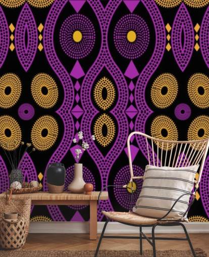 dark circle pattern in purple, yellow and black wallpaper