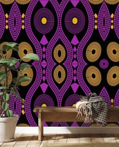 padrão de círculo escuro em papel de parede roxo, amarelo e preto