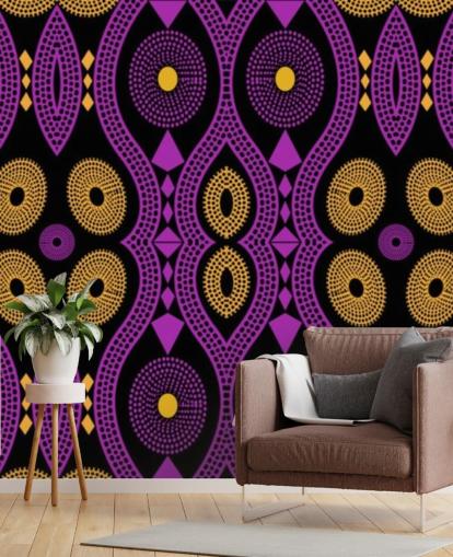 motif cercle foncé en papier peint violet, jaune et noir