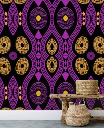 padrão de círculo escuro em papel de parede roxo, amarelo e preto