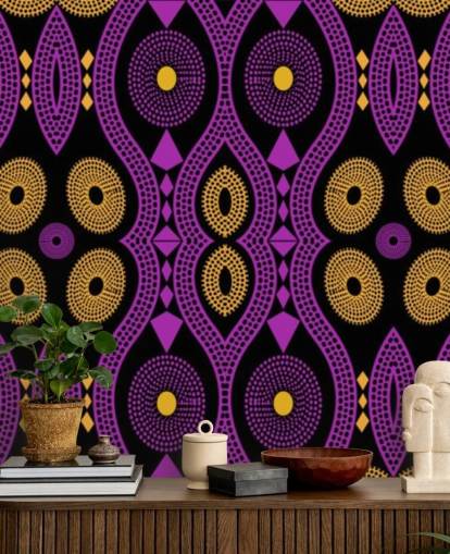 dark circle pattern in purple, yellow and black wallpaper
