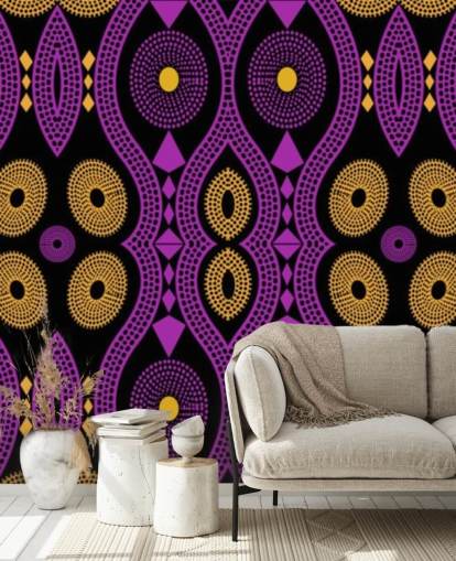 patrón de círculo oscuro en papel pintado morado, amarillo y negro