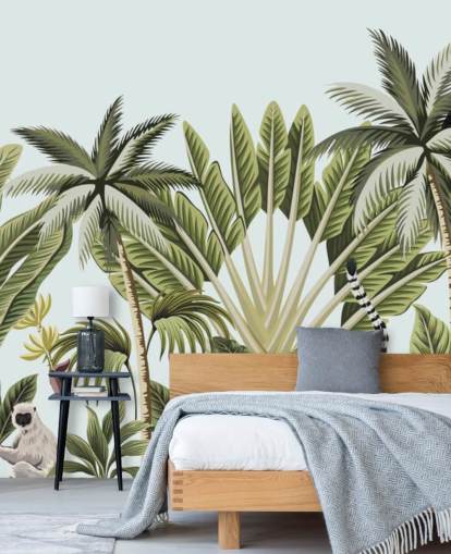 flamingo, monkey, lemur and toucan in jungle wallpaper