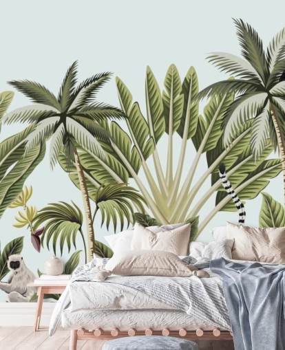 flamingo, monkey, lemur and toucan in jungle wallpaper