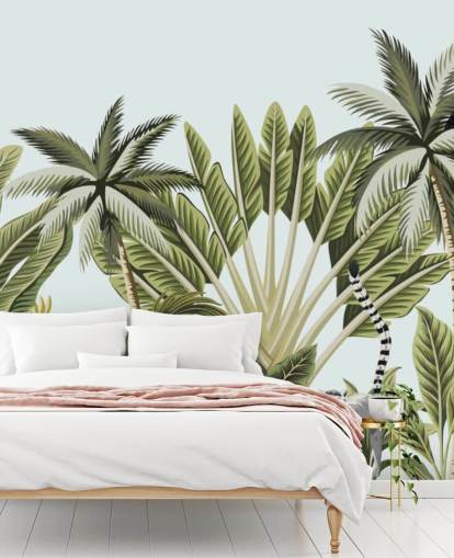 flamingo, monkey, lemur and toucan in jungle wallpaper