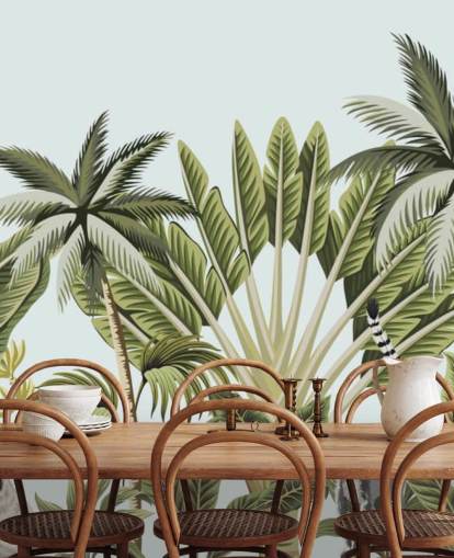 flamingo, monkey, lemur and toucan in jungle wallpaper