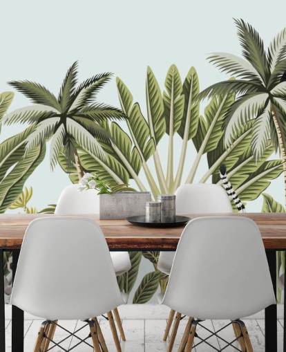 flamingo, monkey, lemur and toucan in jungle wallpaper