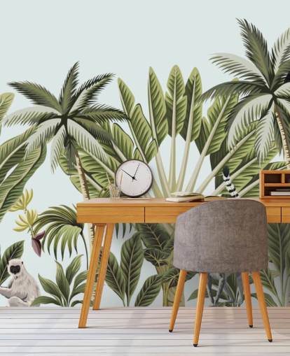 flamingo, abe, lemur og toucan i jungle tapet