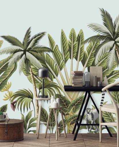 flamingo, monkey, lemur and toucan in jungle wallpaper