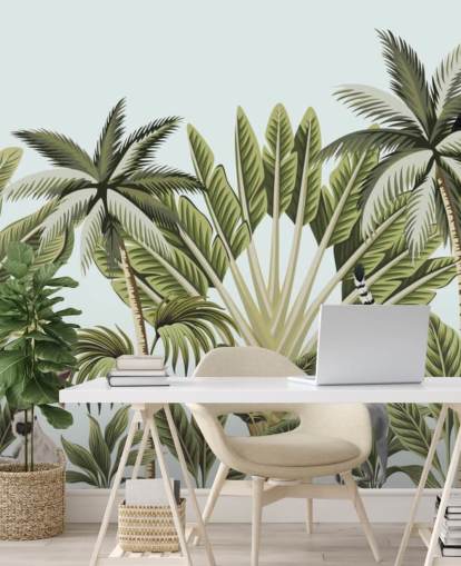 flamingo, monkey, lemur and toucan in jungle wallpaper