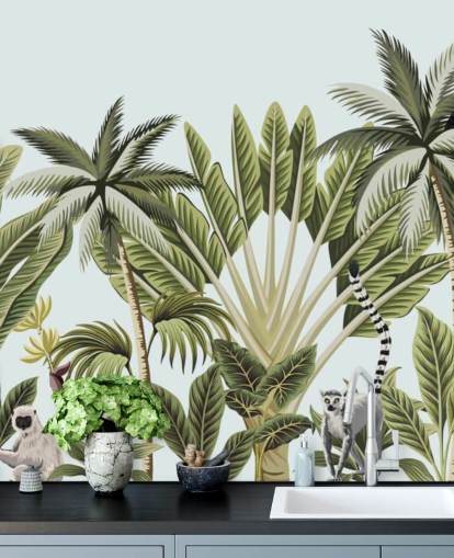 flamingo, monkey, lemur and toucan in jungle wallpaper