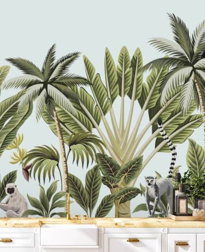 flamingo, monkey, lemur and toucan in jungle wallpaper