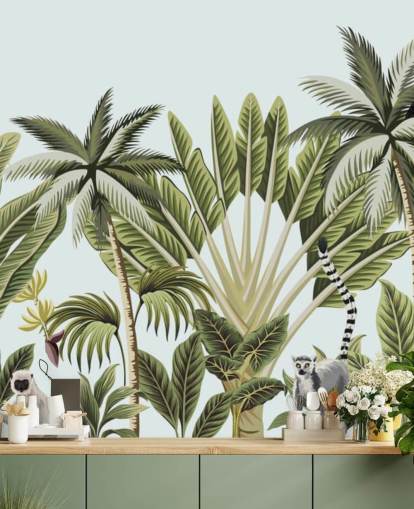 flamingo, monkey, lemur and toucan in jungle wallpaper