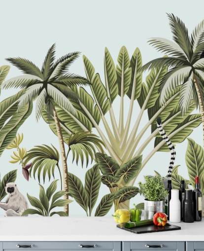 flamingo, aap, maki en toekan in jungle behang