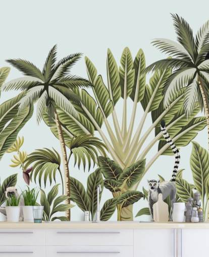 papel de parede flamingo, macaco, lêmure e tucano na selva