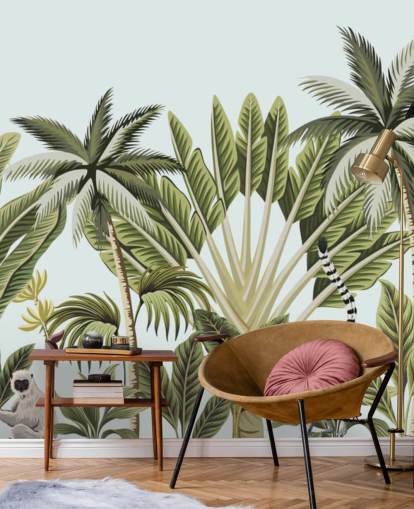 flamingo, monkey, lemur and toucan in jungle wallpaper