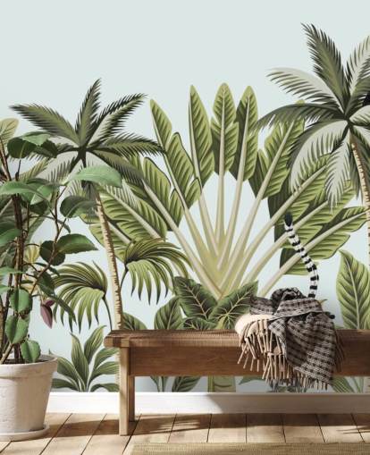 flamingo, monkey, lemur and toucan in jungle wallpaper