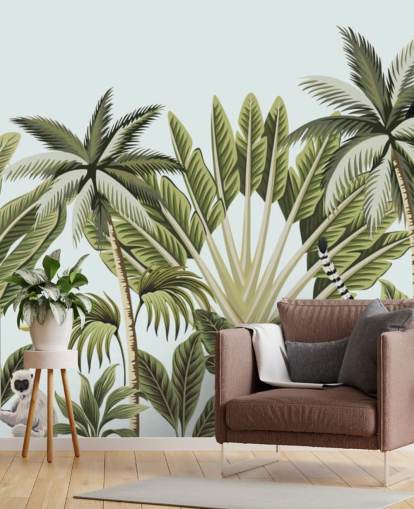 flamingo, monkey, lemur and toucan in jungle wallpaper