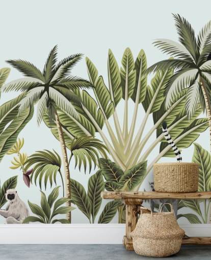 flamingo, monkey, lemur and toucan in jungle wallpaper flamingo, monkey, lemur and toucan in jungle wallpaper