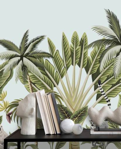 flamingo, abe, lemur og toucan i jungle tapet