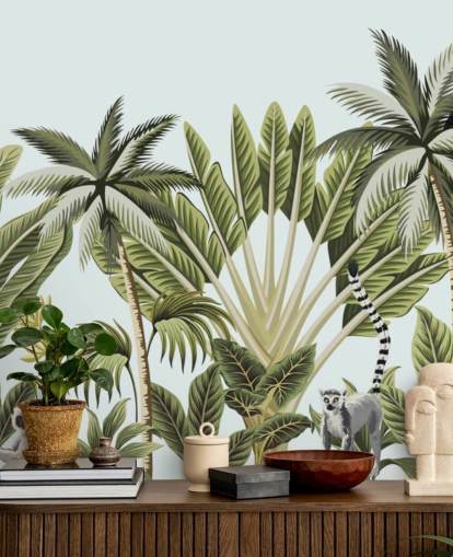 flamingo, monkey, lemur and toucan in jungle wallpaper